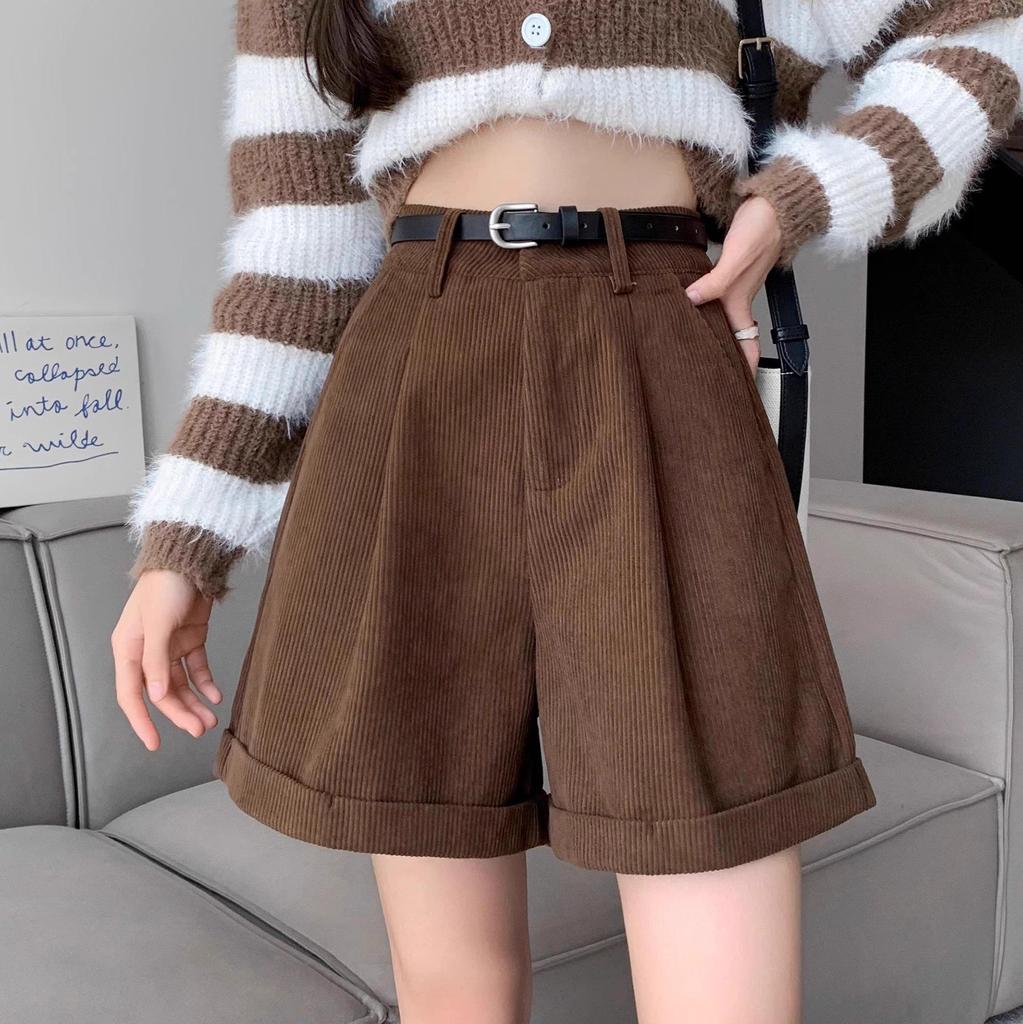 Женские шорты из вельвета с высокой талией - осень/зима, облегающий свободный крой, широкие штанины, корейская мода Майяра