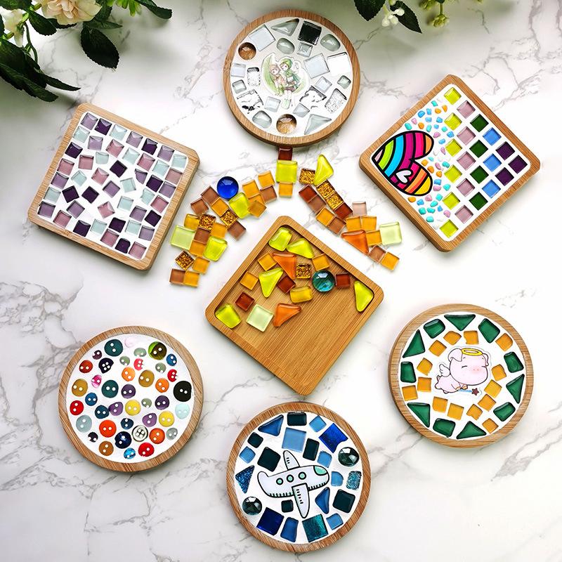 DIY Mosaic Coaster Handmade Material Kit Creative Bamboo Tableware Mat Wooden Tray Plate Kindergarten Children DIY Craft Decor