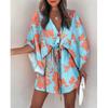 Summer Holiday Printed Beach Dress Lace-up A-line Bohi Short Dress V-neck Women Flying Sleeve Button Loose Casual Clothing 26524