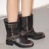 Hand-polished Old Retro Short Boots Women's Big Tube Circumference Spice Girl Style Belt Buckle Knight Boots Tide