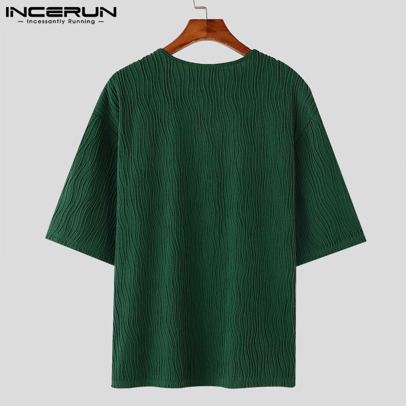 INCERUN Мужские текстурные футболки с коротким рукавом, повседневные полосатые топы