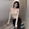 Big breasts hot girl sexy pure desire straps tight long-sleeved t-shirt hanging neck hollow low-cut short square collar top women