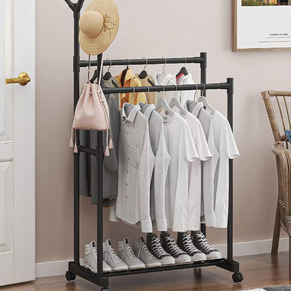 Multifunctional Bedroom Storage Racks Movable Double Rod Clothes Rack Telescopic Floor Hangers Wheeled Shoe Hat Hanger For Door