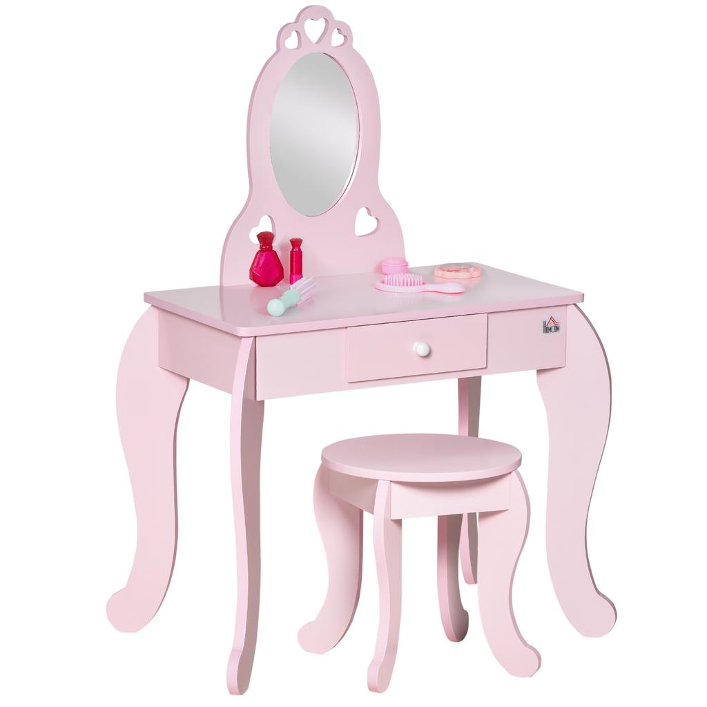 Kids Vanity Table And Stool Girls Dressing Set Make Up Desk Chair Dresser Play Set With Mirror Pink