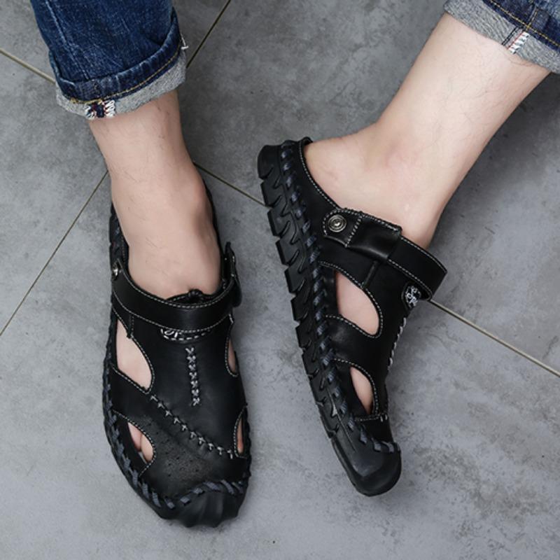 Летние мужские кожаные пляжные сандалии большого размера Мужские сандалии с закрытым носком