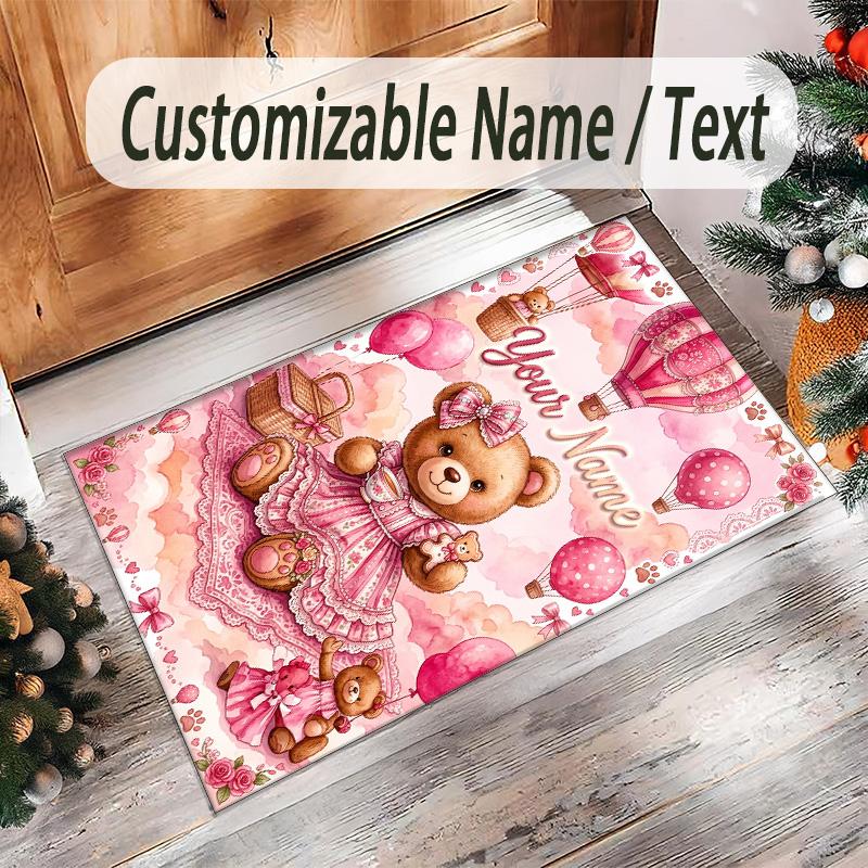 Teddy Bear Theme Crystal Velvet Rug Personalized Custom Name Text Soft Floor Mat Home Decor