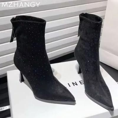 Сексуальные ботильоны с острым носком, элегантные туфли на высоком каблуке из замши с кристаллами, женские туфли 2025 года, модные туфли класса люкс для вечеринок, новые туфли-лодочки Chelsea Botas Mujer