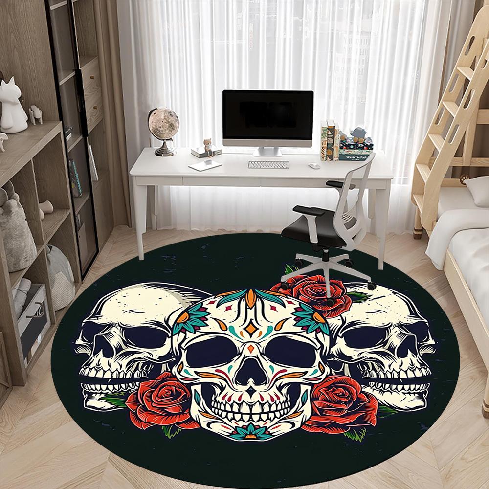 1pc Skull Roses Design Office Round Rug, Non-slip, Soft and Durable Office Rug for Interior Decoration, Perfect for Office, Beautiful Decoration yy260