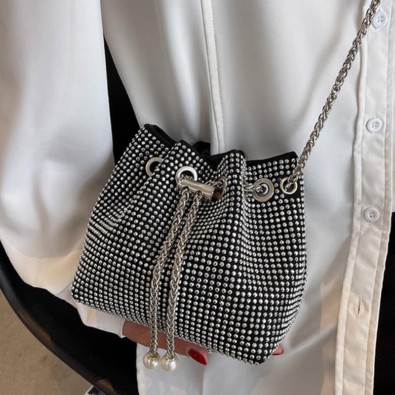 Luxury Rhinestone Shoulder Bags For Women Pearl Chains Bucket Crossbody Bags Drawstring Underarm Handbag Messenger Purse Quality