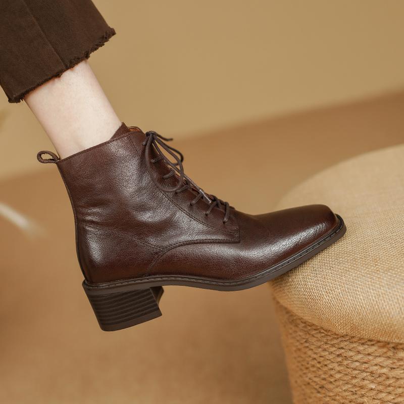 2024 New Women Boots Ankle Boots Thick High Heels Genuine Leather Shoes Woman Mature Office Lady Autumn Winter Lace-up Shoes