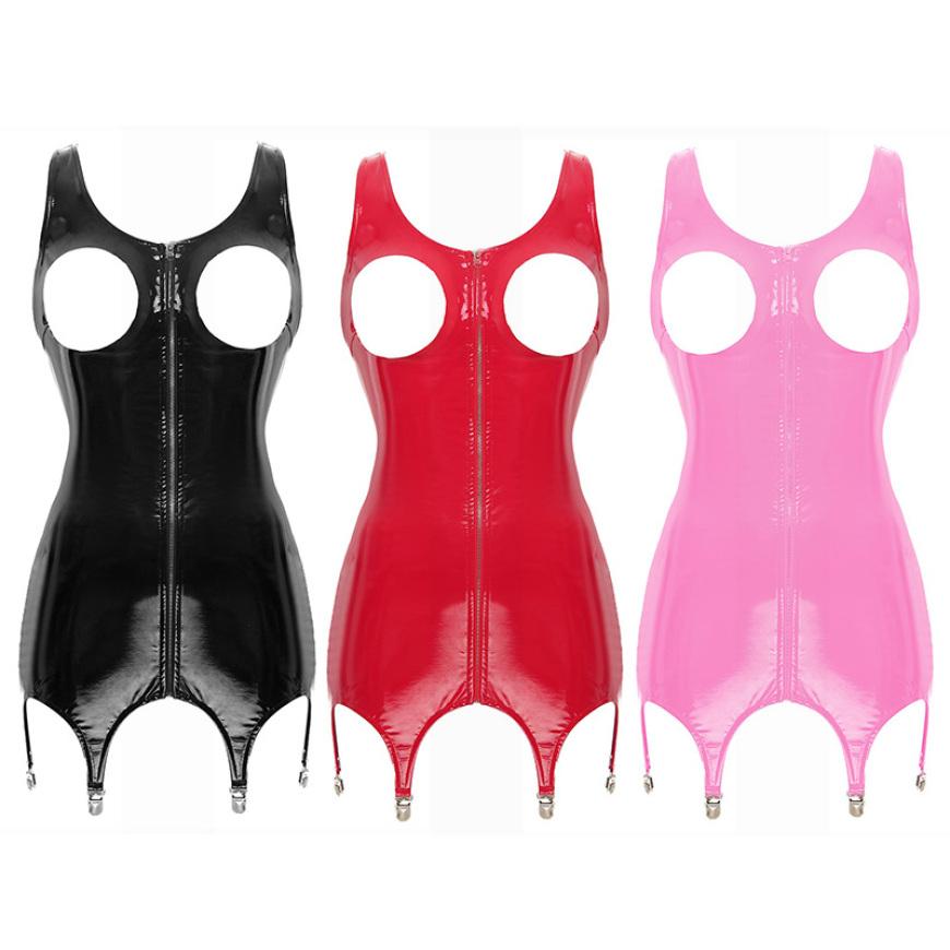 Женское ажурное платье на молнии из лакированной кожи с мокрым эффектом, облегающие мини-платья без рукавов с зажимами для подвязок