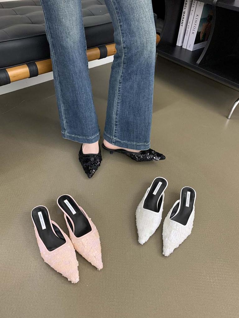 Fashion Fashion Women Slides Slippers Pointed Toe Sequined Cloth Party Dress Shoes Thin Low Heeled Black White Pink Fashion Dress Shoes
