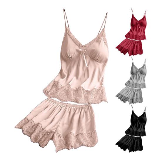 Women's Satin Pajamas Set Lace And Shorts Two Cami Top Piece Sleepwear with Built-in Bra Sexy