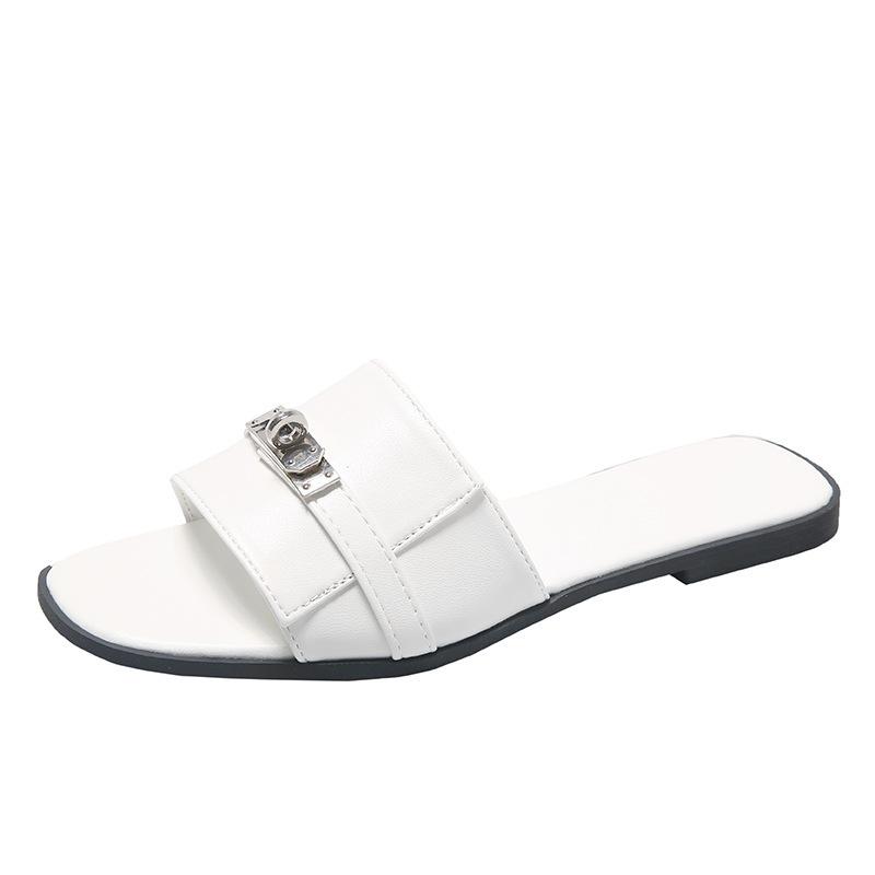 35-45 Large Size Korean Version of Small Silver Buckle One-word Drag 2024 Summer French Flat-bottomed Cool Slippers Half Slippers Outer Wear