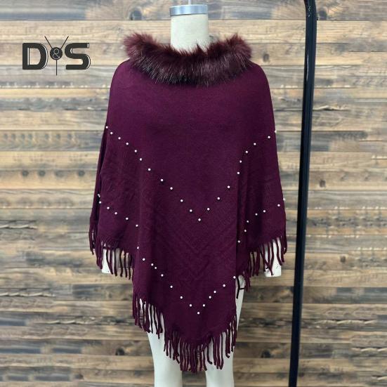 Women Fall Winter Cloak Tassel Bead Decor Faux Fur Decor Triangle Shape Solid Color Knitted Keep Warm Elastic Poncho Shrug Bohemian Style Cable Wrap