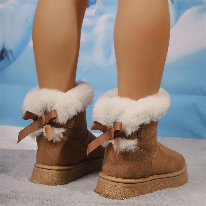Fashion Butterfly-knot Women Boston Boots 2024 Winter Platform Snow Boots Cashmere Warm Thick Soles Cotton Shoes Women Zapatos De Mujer