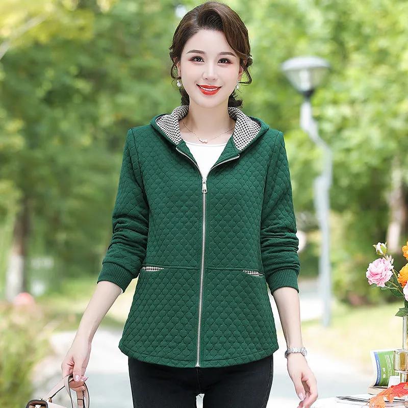 Women's Spring Short Hooded Jacket, Middle Aged and Elderly, Solid Color Style, Slim Fit Jacket