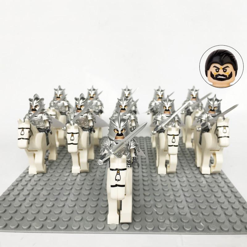 Medieval Knights Castle Cavalry Rohan Soldiers Guard Army Lotr Cavalier With Weapon Armor Helmet Shield and Horse Figure Blocks