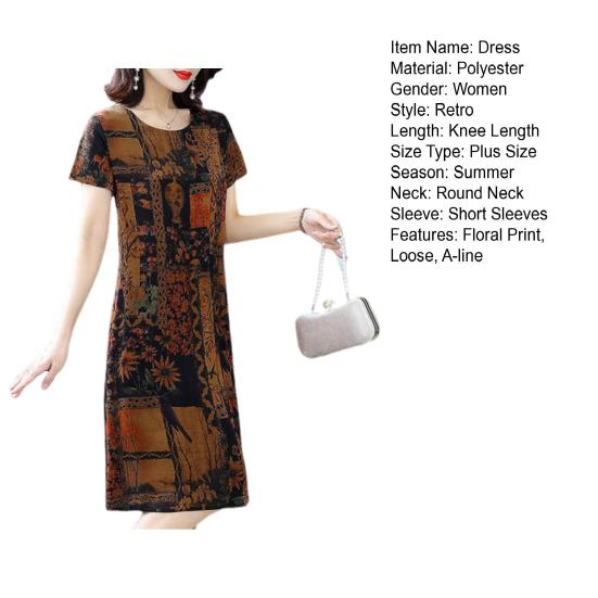 Летнее женское платье с принтом, короткими рукавами, круглым вырезом, плюс размер, свободный пуловер трапециевидной формы, длиной до колена, ретро-платье для свиданий, покупок, миди