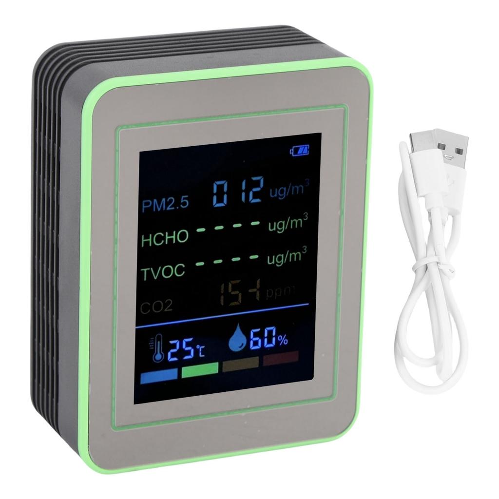 Air Quality Meter 6 In 1 CO2 PM2.5 HCHO TVOC Temp Humid Smart Detect Tester Indoor Battery Powered Black and Green