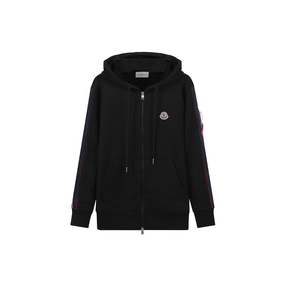 Moncler SS22 Cotton Logo Tape Hooded Zip-Up Jacket Men jackets Black 8G00037809KR999