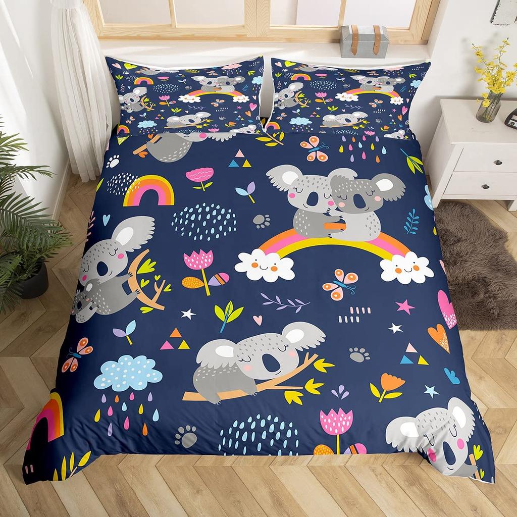Koala Duvet Cover Set Blooming Floral Branch Bear Comforter Palm Tree Leaf Wildlife Cartoon Polyester Quilt