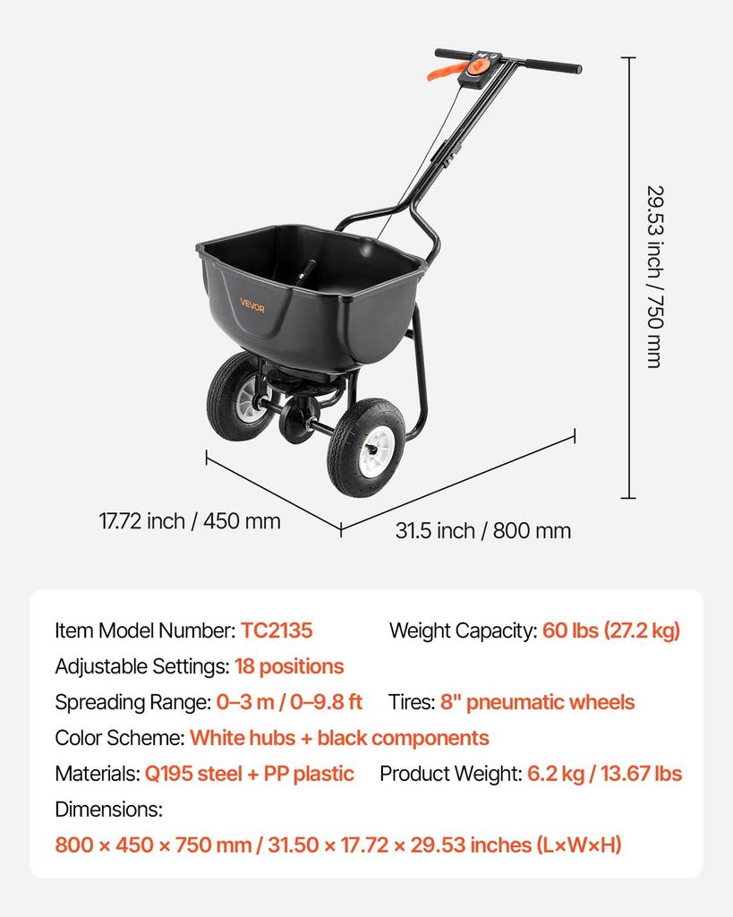 Walk Behind Spreader, 60LBS Capacity, Push Spreader with Hopper Grate, 0-9.8 ft Spreading Width, 8 in All Terrain Pneumatic Tires, Garden & Lawn