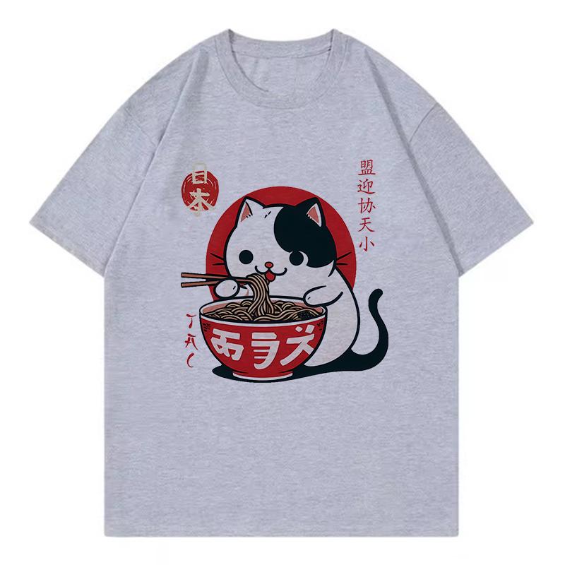 Loose Funny Japanese Cat Eat Ramen T Shirts Men Women Cat Tshirt Round Neck Short Sleeve Trendy Tee Shirt Streetwear