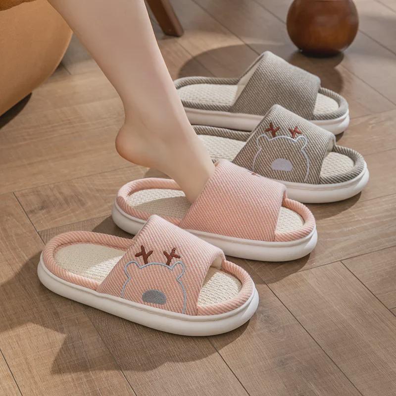 Linen Slippers with Thick Sole for Men & Women - All-Season, Non-Slip, Silent Indoor Sandals