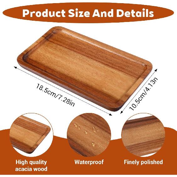 Small Wood Tray, Rectangle Wooden Trays for Decor, 7.28x4.13in Acacia Wood Tray for Home Decor, Bathroom, Kitchen Counter Charcuterie Boards Cheese