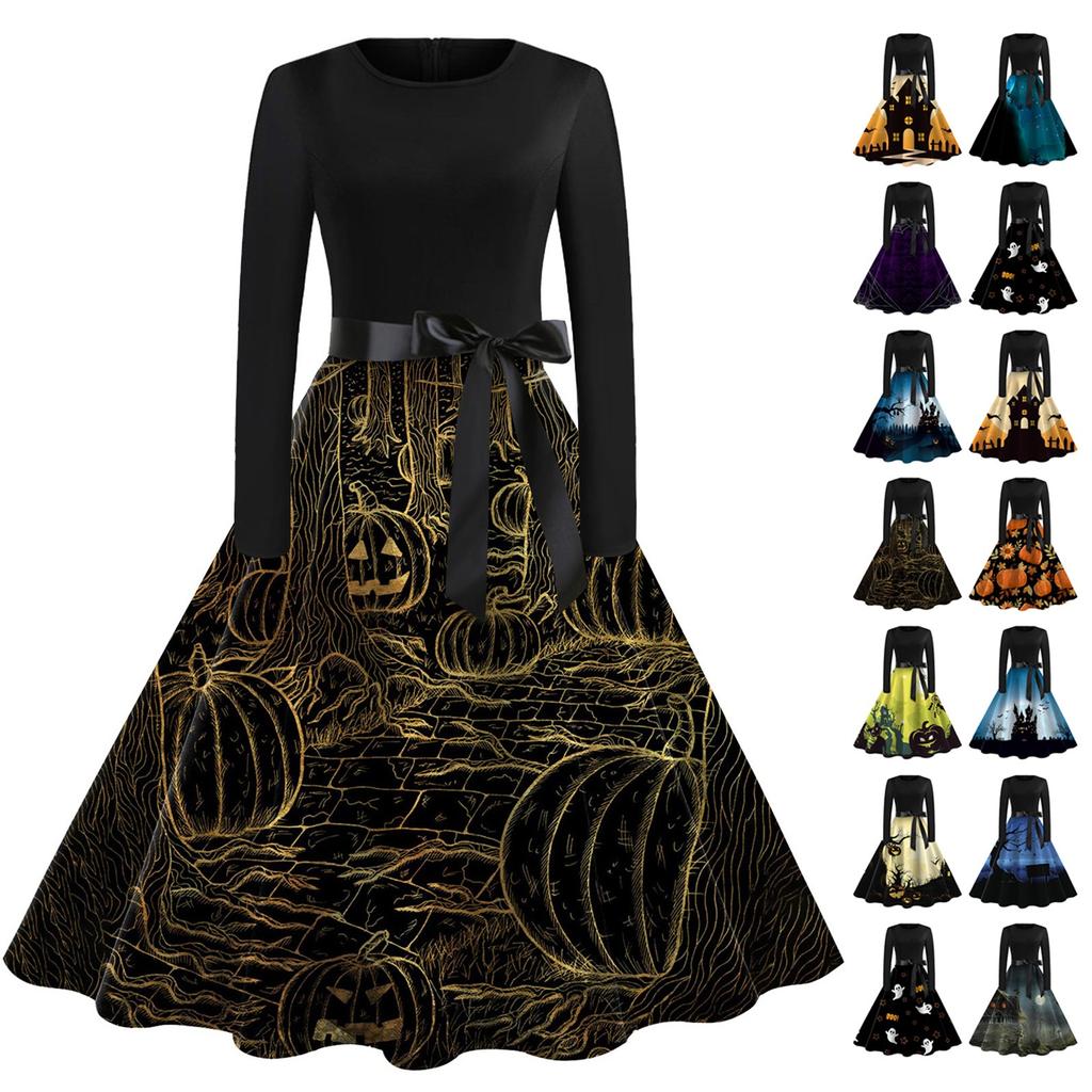 Women's Casual Fashion Long Sleeve Halloween Printed Vintage Long Dresses