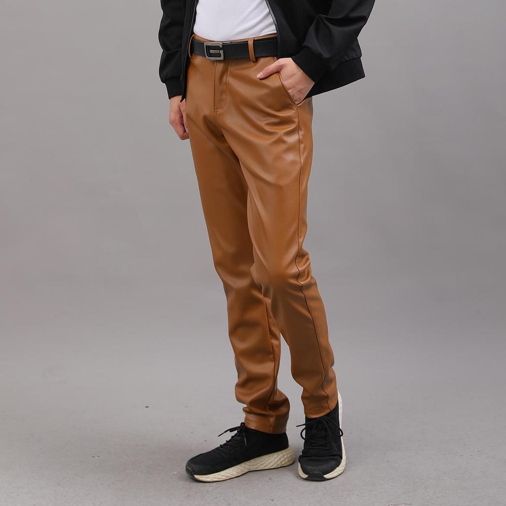 Men's Korean Style Slim Fit Motorcycle Leather Pants - Fleece-Lined, Skinny, Elastic, Spring/Autumn Trend