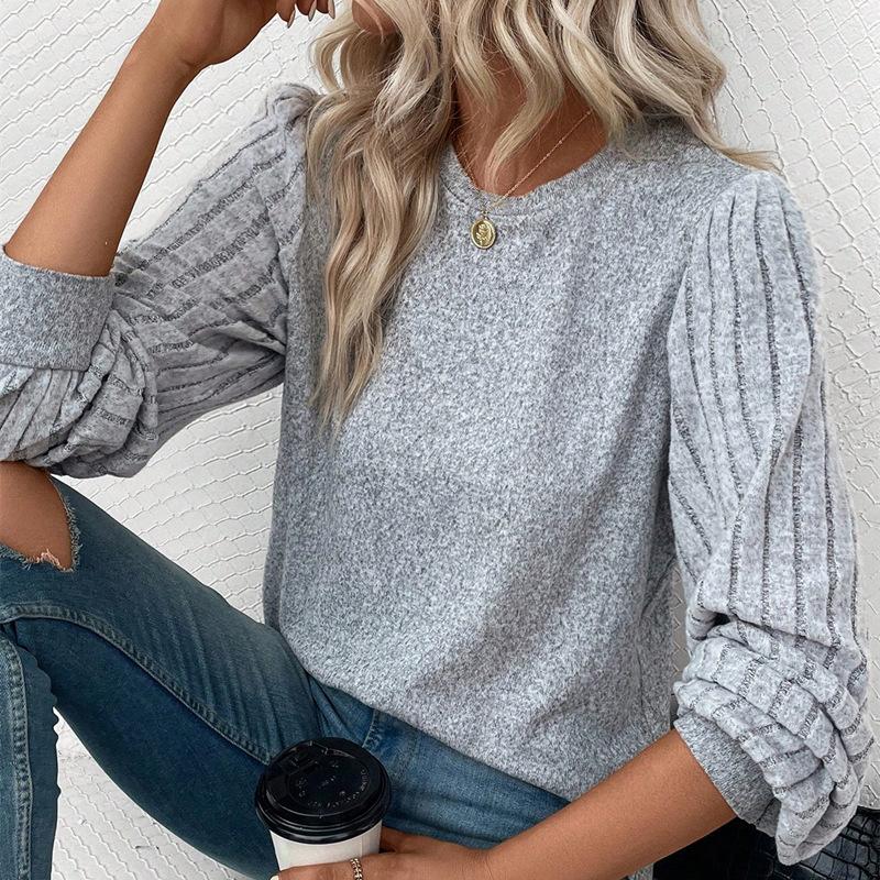 Женские модные повседневные весенне-осенние однотонные блузки и рубашки с круглым вырезом с длинными рукавами и принтом