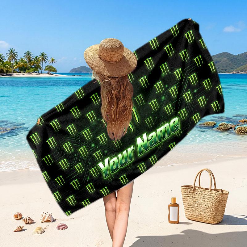Пляжное полотенце Monster Energy с индивидуальным текстом имени, Мягкое впитывающее полотенце для пляжа, бассейна, путешествий, Персональный подарок