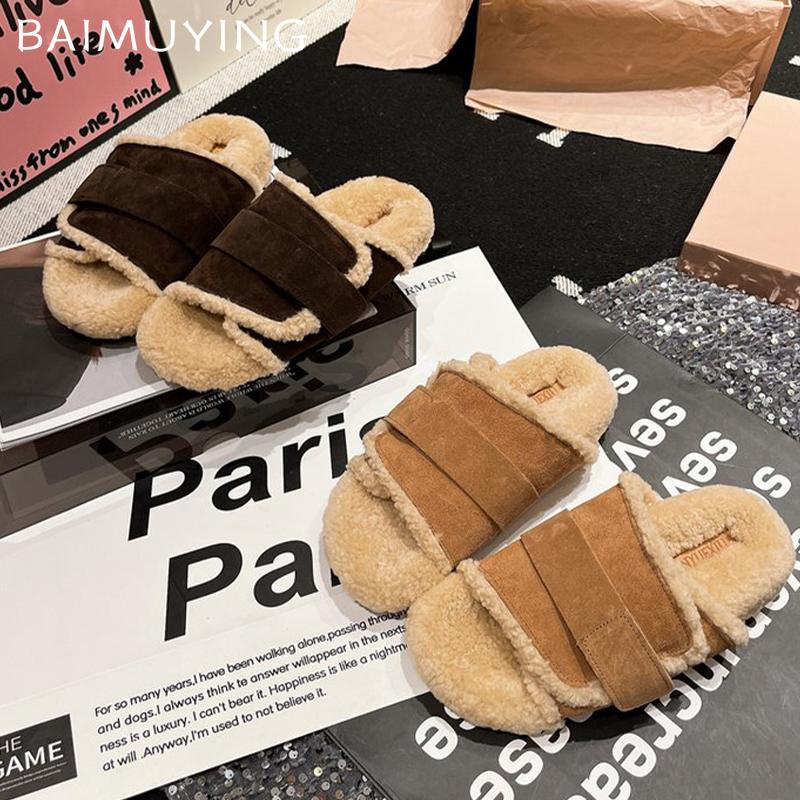 Замшевые меховые женские тапочки на плоской подошве с хлопковой платформой, осень 2024, новый тренд, повседневные плюшевые ботинки, толстые женские шлепанцы с открытой пяткой