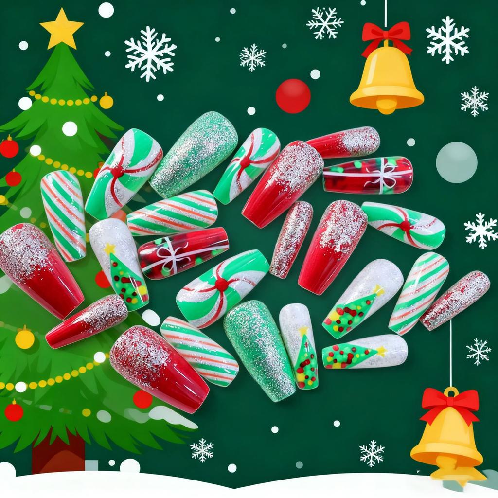 Christmas European And American Best-Selling Nail Art Wearing Nail Sweet And Cute Christmas Tree Glitter Medium And Long Nail Wear