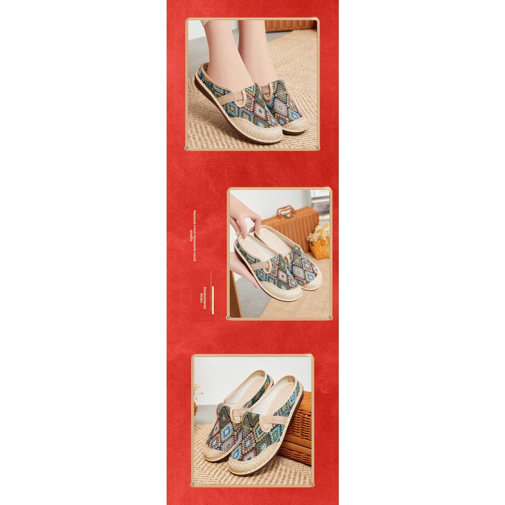 Women's Ethnic Style Half Slippers with Cloth Shoes and Linen Toe Caps, Women's Soft Soled Casual Single Shoes