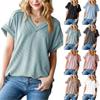 Женская мода, однотонная повседневная футболка с v-образным вырезом и короткими рукавами, топ