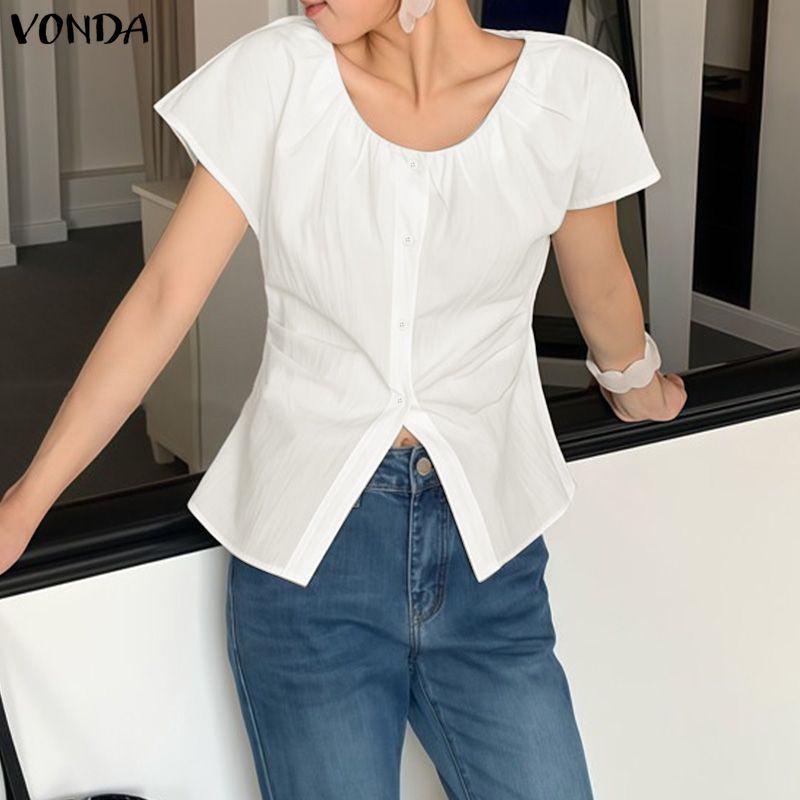VONDA Женские летние блузки-топы с круглым вырезом, однотонные, с коротким рукавом, на пуговицах, повседневные