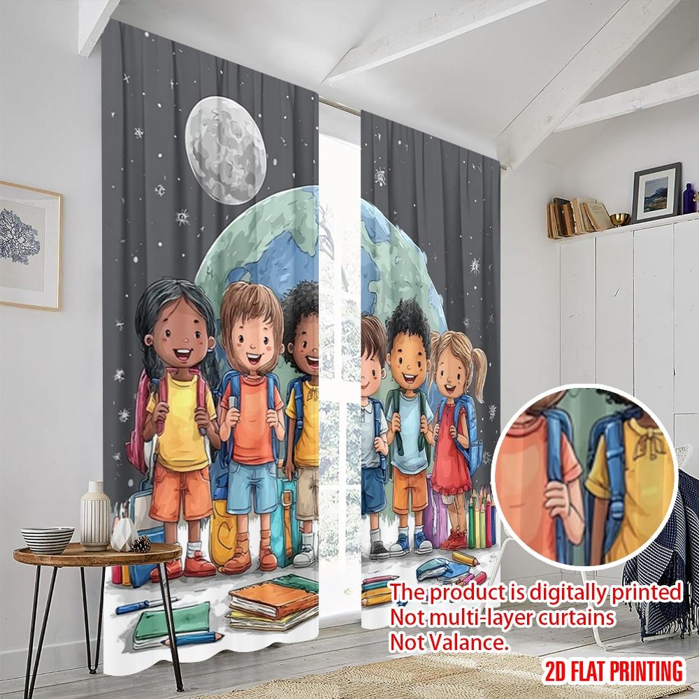 2Pcs,2D Plane Printing Curtain Popular Cheerful School 100% Polyester (Without Rod) Decorations Outdoor Perfect For Living Room