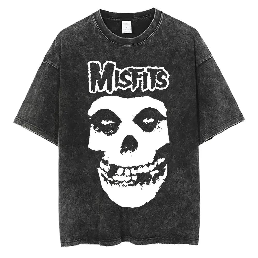 2026 Стиранная Винтажная Хардкор Панк Группа Misfits Футболка Ужасы Скелет Графическая Футболка Мужская Женская Мода Повседневные Оверсайз Футболки