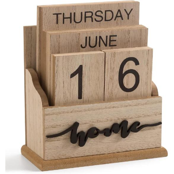 Block Calendar for Desk, Wood Desk Perpetual Calendar, Gift Daily Desktop Vintage Wooden Blocks for Home Farmhouse Office Aesthetic Decor Rustic