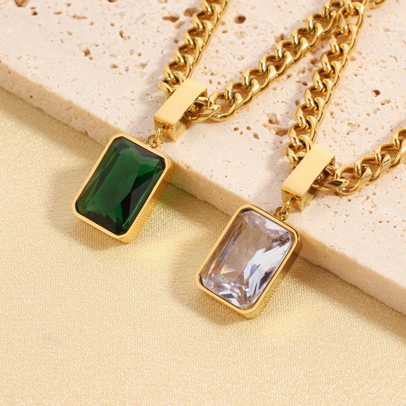 Vintage White Green Cubic Zirconia Choker Necklace Fashion 18k Gold Plated Stainless Steel Geometric Square Pendant Necklace
