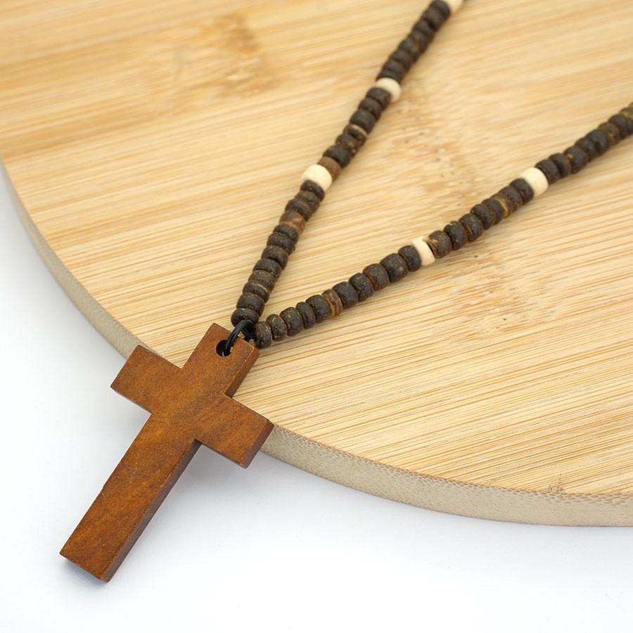 Noter Vintage Wooden Cross Pendant Necklace For Men Handmade Brown Wood Beaded Chain Catholic Christian Religious Jewelry Gift