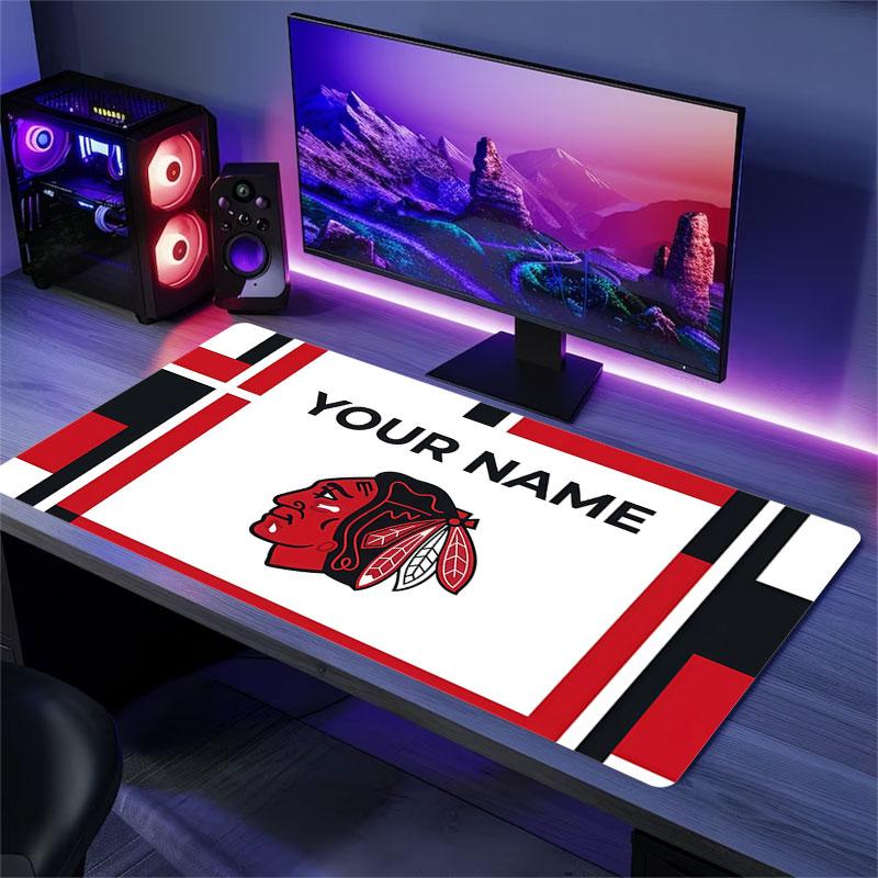 Custom Name,Chicago Blackhawks Mouse Pad, Large Gaming Desk Mat, Non-slip XXL Mousepad for Laptop & Tablet, Mini PC Playmat with Stitched Edges