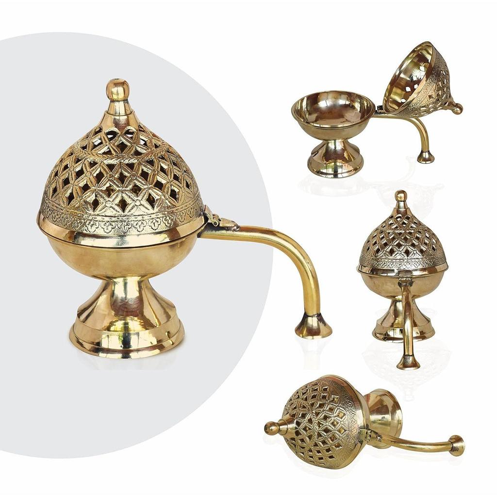 India Brass Dhoop Dani Bakhoor Holder Loban Burner Incense Holder, 8 Inch (600 Gram)