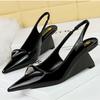 Fashion Korean Version Fashion Patent Leather Shallow Pointed Toe Hollow Back Strap 6.5cm High Heels Wedges Shoes Lady Trendy Pumps Pink