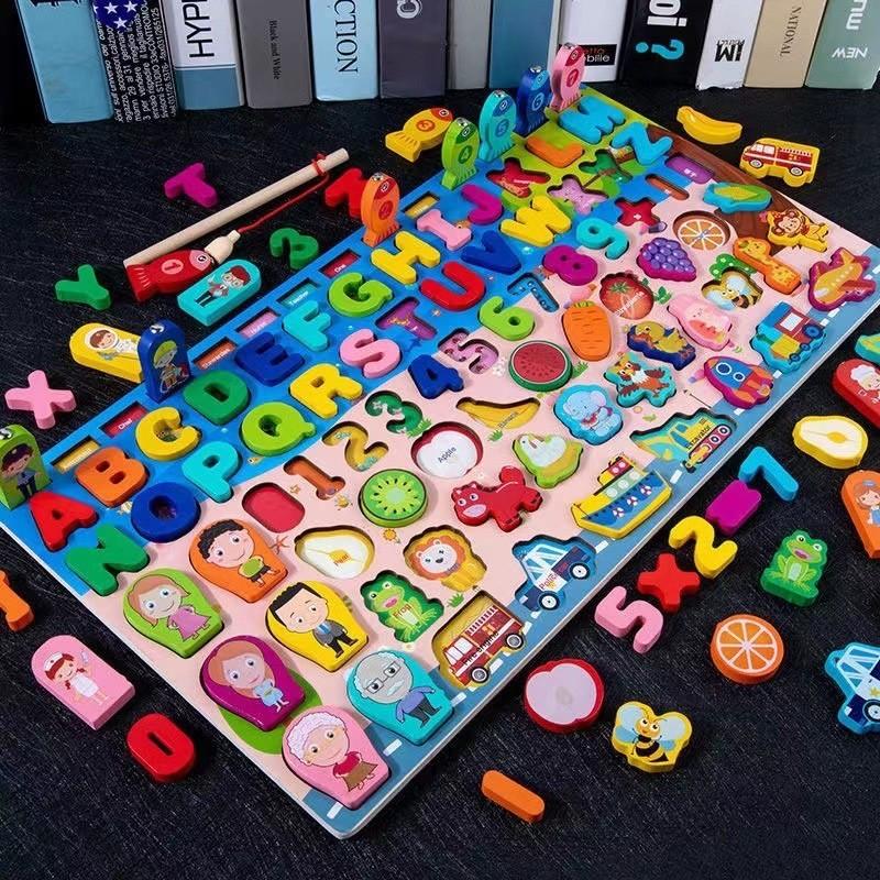 Деревянная мультяшная рыбалка в океане, мультяшные цифры, буквы, дорожные формы, игра на сопоставление, логарифмическая доска, развивающая игрушка для детей