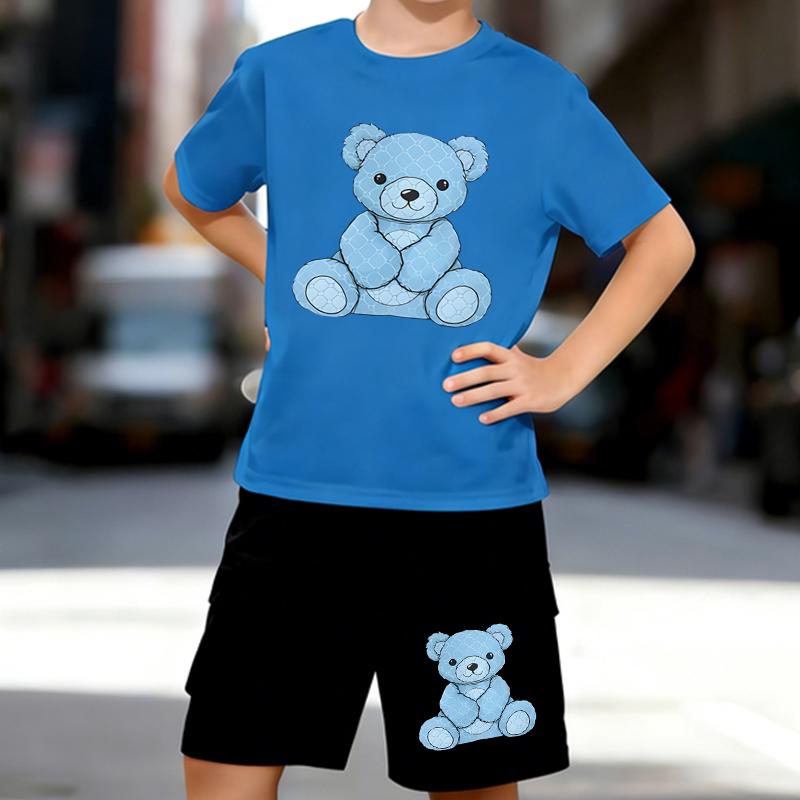 Boys 2 Piece Cute Bear Print Outfit, Short Sleeve T-Shirt and Shorts Set for Kids Age 5-14,Black and White Sporty Casual Summer Clothes