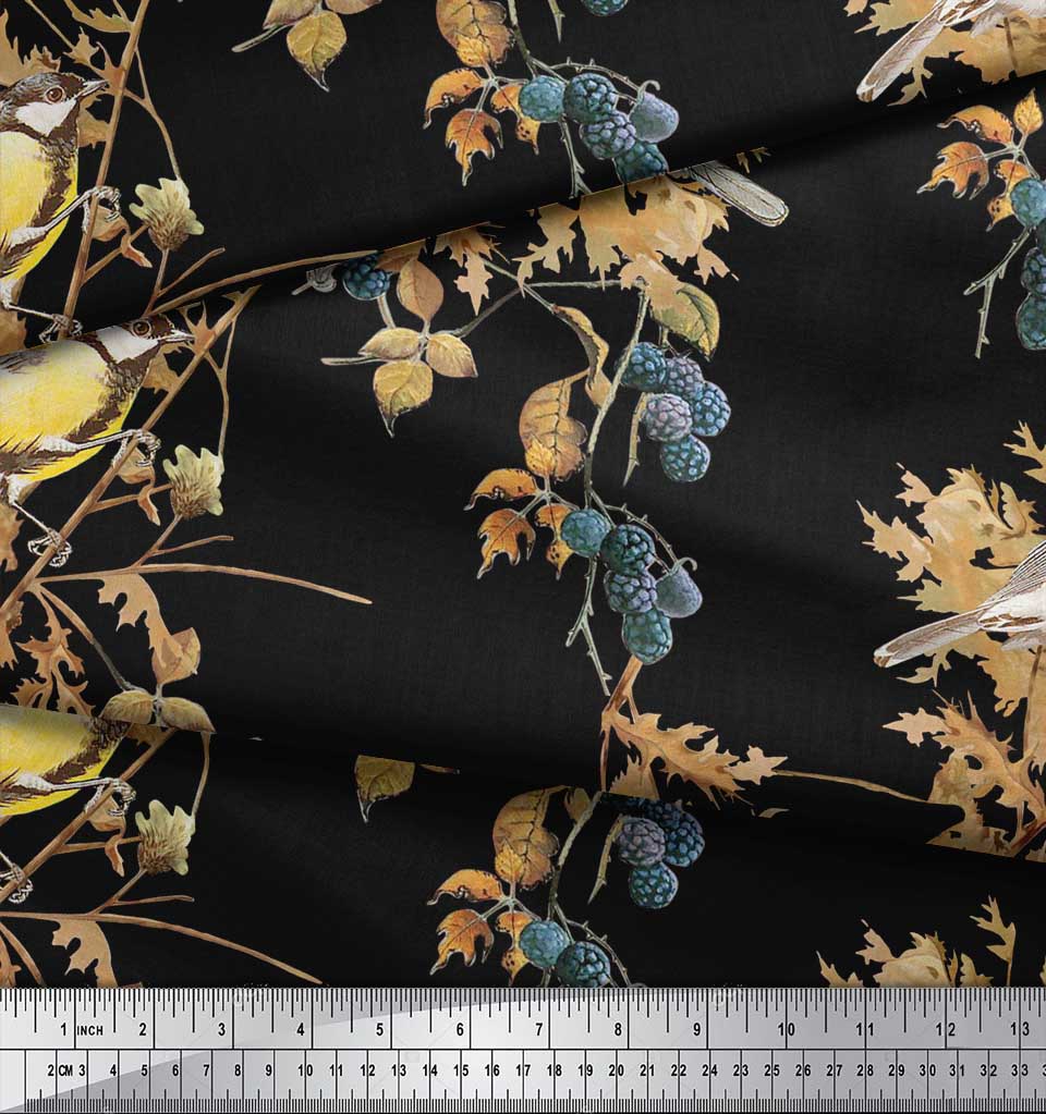 Soimoi Черная креповая ткань из полиэстера Черная ягодная и желтая ткань с принтом воробья и птицы в ярдах 42 дюйма